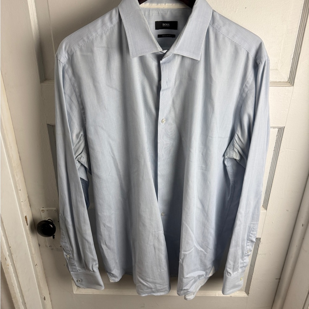 Hugo Boss Classic Men’s Dress Shirt – 17 1/2 Neck – Light Blue Pinstripe